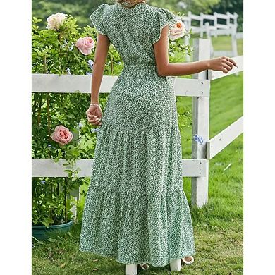 Women's Boho V Neck Short Sleeve Smocked Floral Maxi Summer Dress
