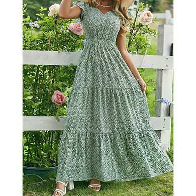 Women's Boho V Neck Short Sleeve Smocked Floral Maxi Summer Dress