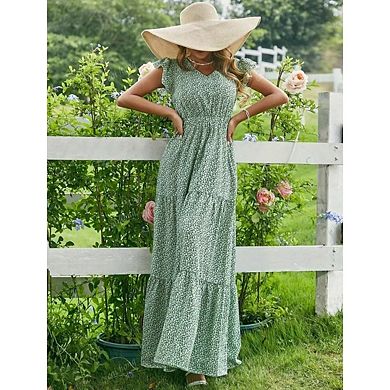 Women's Boho V Neck Short Sleeve Smocked Floral Maxi Summer Dress
