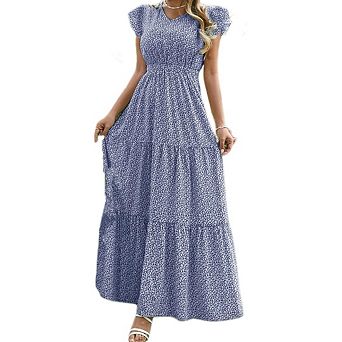 Women's Boho V Neck Short Sleeve Smocked Floral Maxi Summer Dress