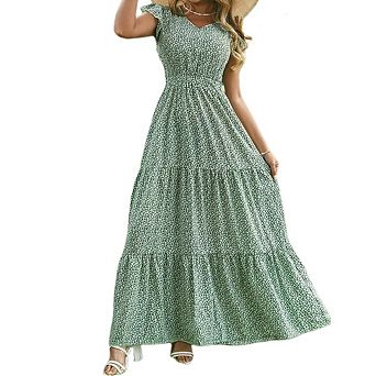 Women's Boho V Neck Short Sleeve Smocked Floral Maxi Summer Dress