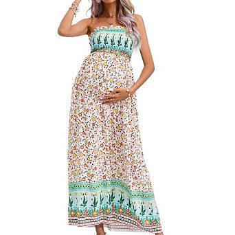 Women's Maternity Dress Printed Strapless High Waist Stylish Casual Midi Dress Expecting Mothers
