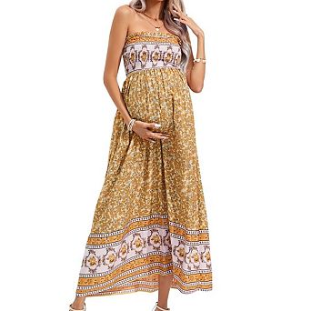Women's Maternity Dress Printed Strapless High Waist Stylish Casual Midi Dress Expecting Mothers