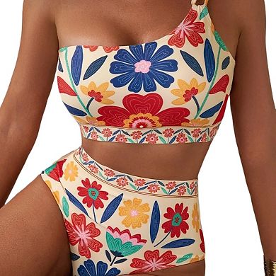 Women's High Waisted Bikini Sets One Shoulder Floral Swimsuits 2 piece Tummy Control Bathing Suits