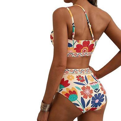 Women's High Waisted Bikini Sets One Shoulder Floral Swimsuits 2 piece Tummy Control Bathing Suits