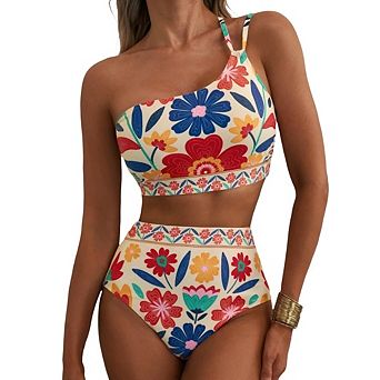 Women's High Waisted Bikini Sets One Shoulder Floral Swimsuits 2 pc Tummy Control Bathing Suits