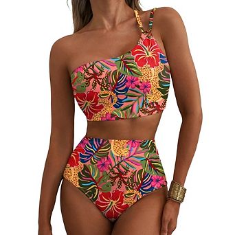 Women's High Waisted Bikini Sets One Shoulder Floral Swimsuits 2 pc Tummy Control Bathing Suits