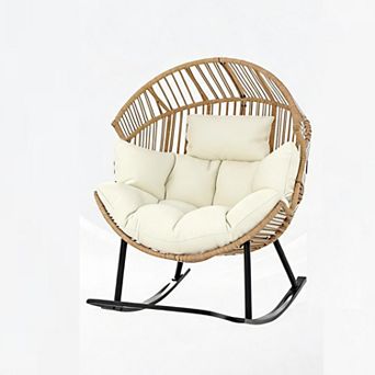 Ergonomic Oversized Rocking Egg Lounge, Natural Rattan Construction with Thick Cushion