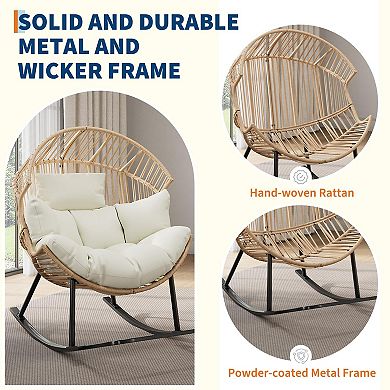 Ergonomic Oversized Rocking Egg Lounge, Natural Rattan Construction with Thick Cushion