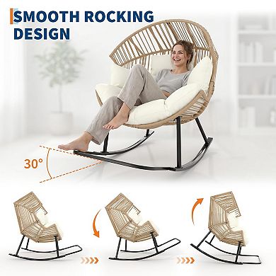 Ergonomic Oversized Rocking Egg Lounge, Natural Rattan Construction with Thick Cushion