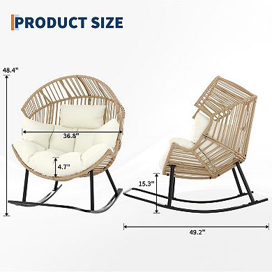 Ergonomic Oversized Rocking Egg Lounge, Natural Rattan Construction with Thick Cushion