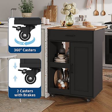 Functional Rolling Kitchen Island Cart Drop Leaf, Storage Drawer, 2 Open Shelves Coffee Bar