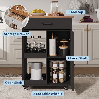 Functional Rolling Kitchen Island Cart Drop Leaf, Storage Drawer, 2 Open Shelves Coffee Bar