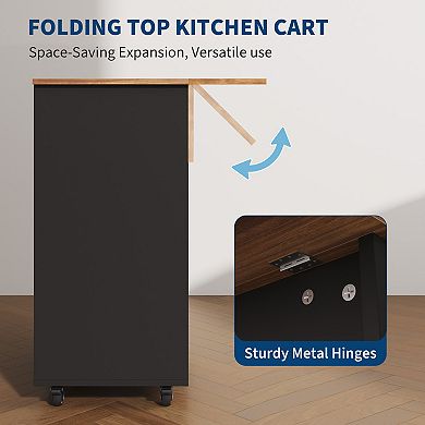 Functional Rolling Kitchen Island Cart Drop Leaf, Storage Drawer, 2 Open Shelves Coffee Bar