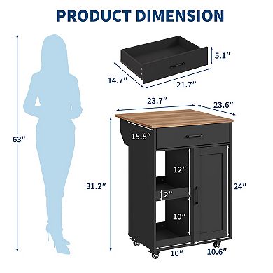 Functional Rolling Kitchen Island Cart Drop Leaf, Storage Drawer, 2 Open Shelves Coffee Bar