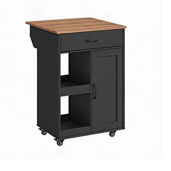 Functional Rolling Kitchen Island Cart Drop Leaf, Storage Drawer, 2 Open Shelves Coffee Bar