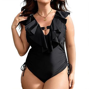 One Piece Plus Size Swimsuit for Women Tummy Control Ruffle V Neck Cutout Bathing Suit