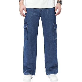 Men's Classic Blue Wide Leg Cargo Jeans Mid Rise Multi Pocket Loose Fit Straight Denim Pants