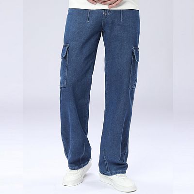 Men's Classic Blue Wide Leg Cargo Jeans Mid Rise Multi Pocket