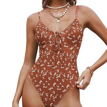 Women's Floral One Piece Swimsuit Spaghetti Strap Tummy Control Cut Out Bathing Suit