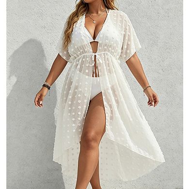 Plus Size Women's Open Front Short Sleeve Drawstring Waist Swiss Dot High Low Maxi Beach Cover Up