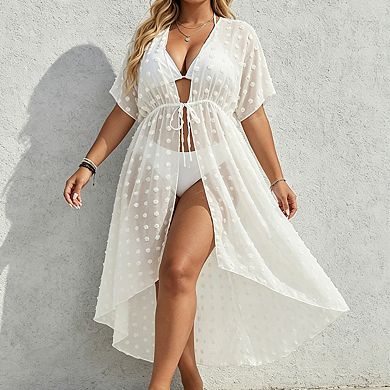 Plus Size Women's Open Front Short Sleeve Drawstring Waist Swiss Dot High Low Maxi Beach Cover Up