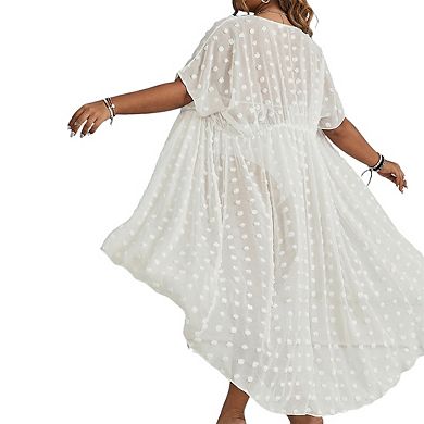 Plus Size Women's Open Front Short Sleeve Drawstring Waist Swiss Dot High Low Maxi Beach Cover Up