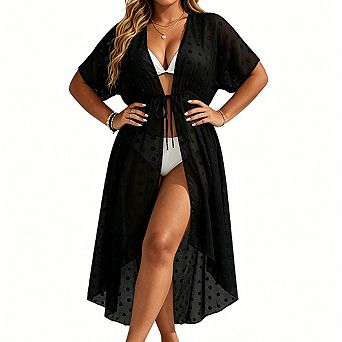 Plus Size Women's Open Front Short Sleeve Drawstring Waist Swiss Dot High Low Maxi Beach Cover Up