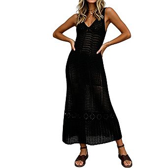 Women's V Neck Sleeveless Open Crochet Maxi Length Beach Cover Up Dress