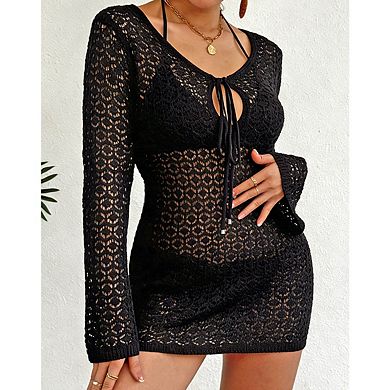 Women's V Neck Long Sleeve Drawstring Front Open Knit Short Mini Beach Cover Up Dress