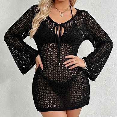 Women's V Neck Long Sleeve Drawstring Front Open Knit Short Mini Beach Cover Up Dress