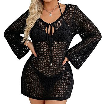 Women's V Neck Long Sleeve Drawstring Front Open Knit Short Mini Beach Cover Up Dress