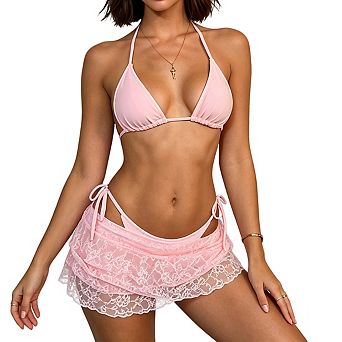 Womens Halter Back Tie High Cut 3 pc Bikini Swimsuit Set With Floral Lace Wrap Skirt Cover Up