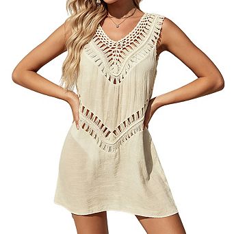 Women's V Neck Sleeveless Crochet Hollow Out Short Length Beach Cover Up Dress