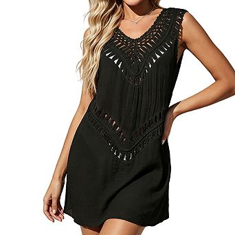 Women's V Neck Sleeveless Crochet Hollow Out Short Length Beach Cover Up Dress