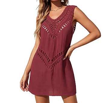 Women's V Neck Sleeveless Crochet Hollow Out Short Length Beach Cover Up Dress