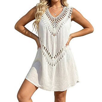 Women's V Neck Sleeveless Crochet Hollow Out Short Length Beach Cover Up Dress