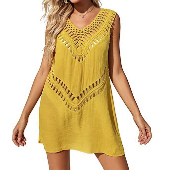 Women's V Neck Sleeveless Crochet Hollow Out Short Length Beach Cover Up Dress
