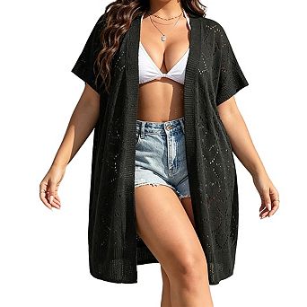 Plus Size Women's Open Front Short Sleeve Open Knit Mid Length Beach Cover Up