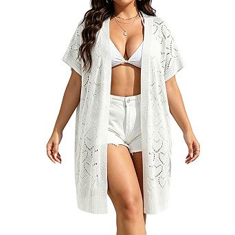 Plus Size Women's Open Front Short Sleeve Open Knit Mid Length Beach Cover Up