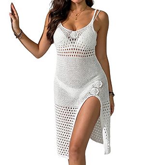 Women's Scoop Neck Floral Applique Open Knit Side Slit Midi Beach Cover Up Dress