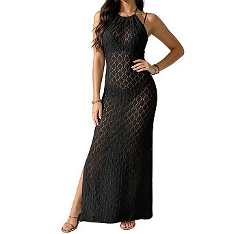 Women's Halter Tie Back Open Knit Side Slit Maxi Length Beach Cover Up Dress