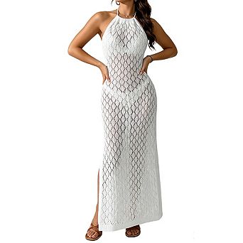 Women's Halter Tie Back Open Knit Side Slit Maxi Length Beach Cover Up Dress