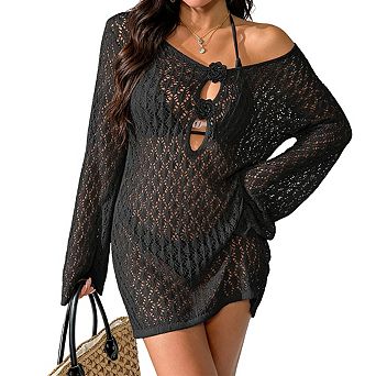 Women's V Neck Floral Applique Long Sleeve Open Knit Short Mini Beach Cover Up Dress