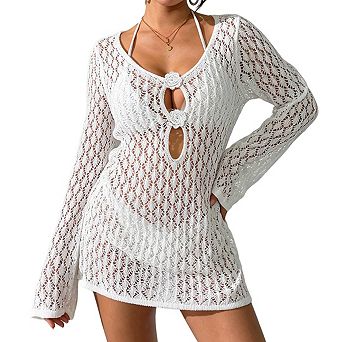 Women's V Neck Floral Applique Long Sleeve Open Knit Short Mini Beach Cover Up Dress