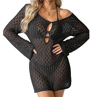 Women's Keyhole Front Long Sleeve Open Knit Short Mini Beach Cover Up Dress