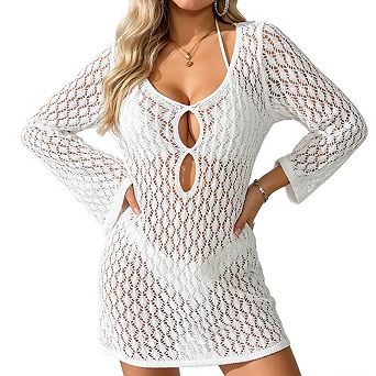 Women's Keyhole Front Long Sleeve Open Knit Short Mini Beach Cover Up Dress