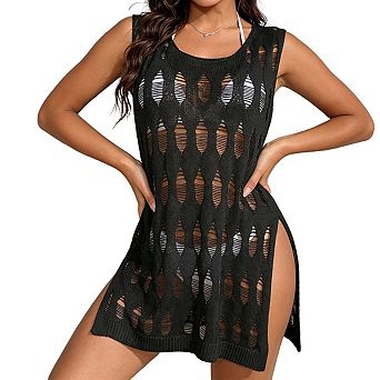 Women's Round Neck Sleeveless Cutout Open Knit Side Slit Short Mini Beach Cover Up Dress