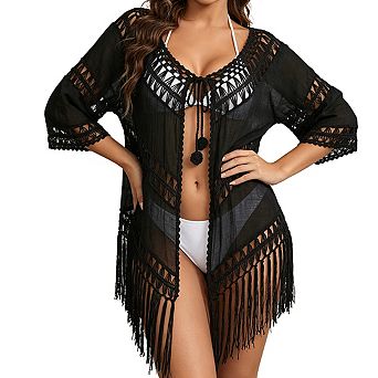 Women's V Neck Three Quarter Sleeve Crochet Fringe Open Front Tie Back Short Beach Cover Up Tunic