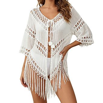 Women's V Neck Three Quarter Sleeve Crochet Fringe Open Front Tie Back Short Beach Cover Up Tunic